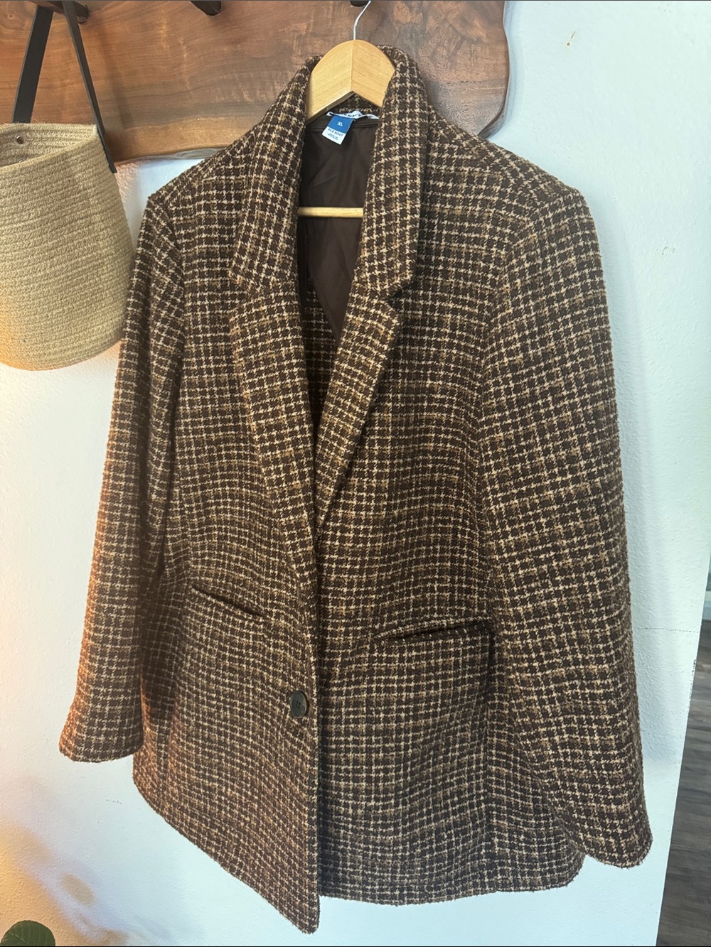 Old Navy Oversized Wool Blend Plaid Blazer Brown XL NWOT